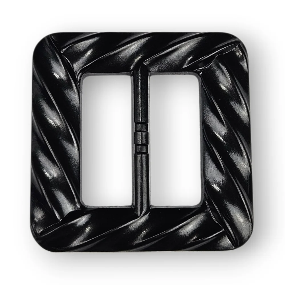 Art Deco Bakelite Sash Belt Buckle Scarf Slide Black Wave Design Square Vtg 2